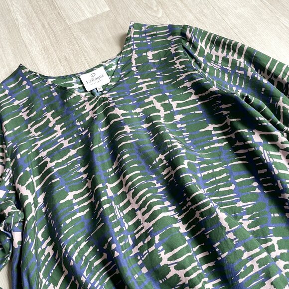La Roque Bell Sleeve Silk Blouse Green Pattern One Size Small Medium - Picture 2 of 6